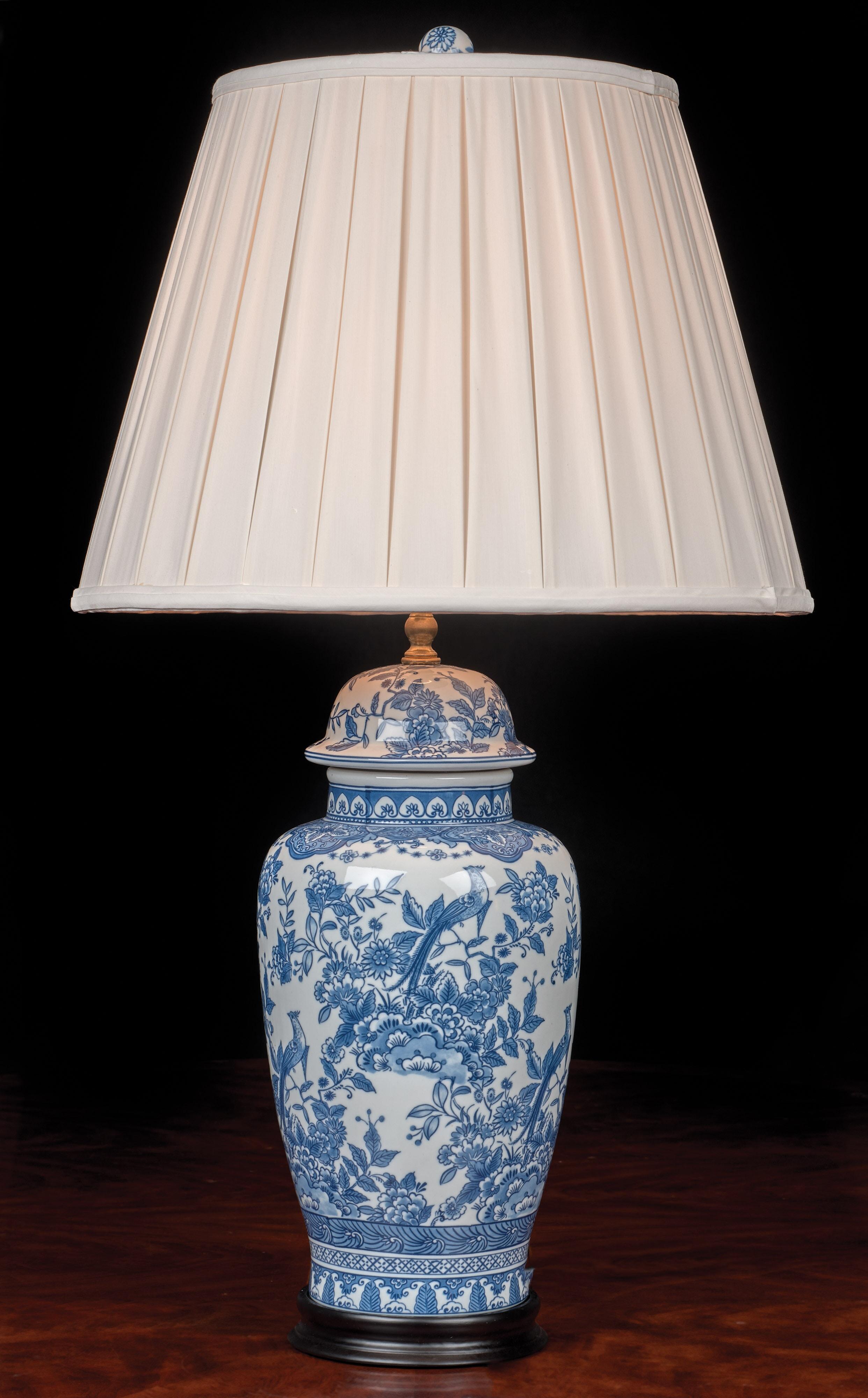 Blue and White Peacock and Flowers Temple Jar Lamp